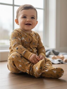 Dapper Dude Ribbed One-Piece Footed Pajamas in Mustard with Woodland Print